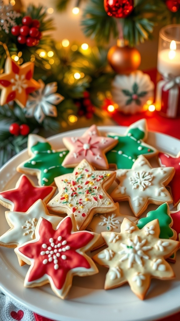 A festive plate of decorated Christmas sugar cookies in star, tree, and snowflake shapes.